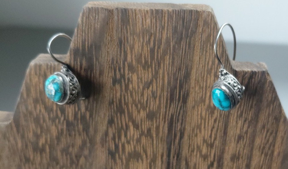Vintage 925 Sterling Silver Oval Turquoise Bezel Dangle Drop Hook Earrings RARE